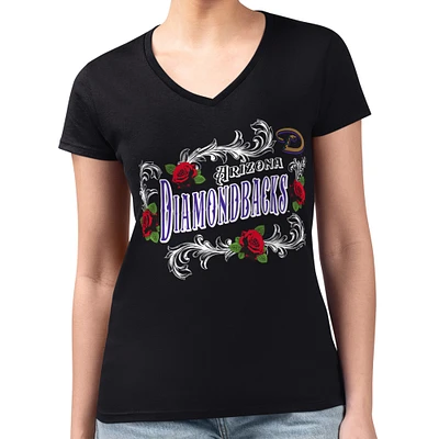 Women's G-III 4Her by Carl Banks Black Arizona Diamondbacks Super-Slim Fit Lightweight Retro Roses V-Neck T-Shirt