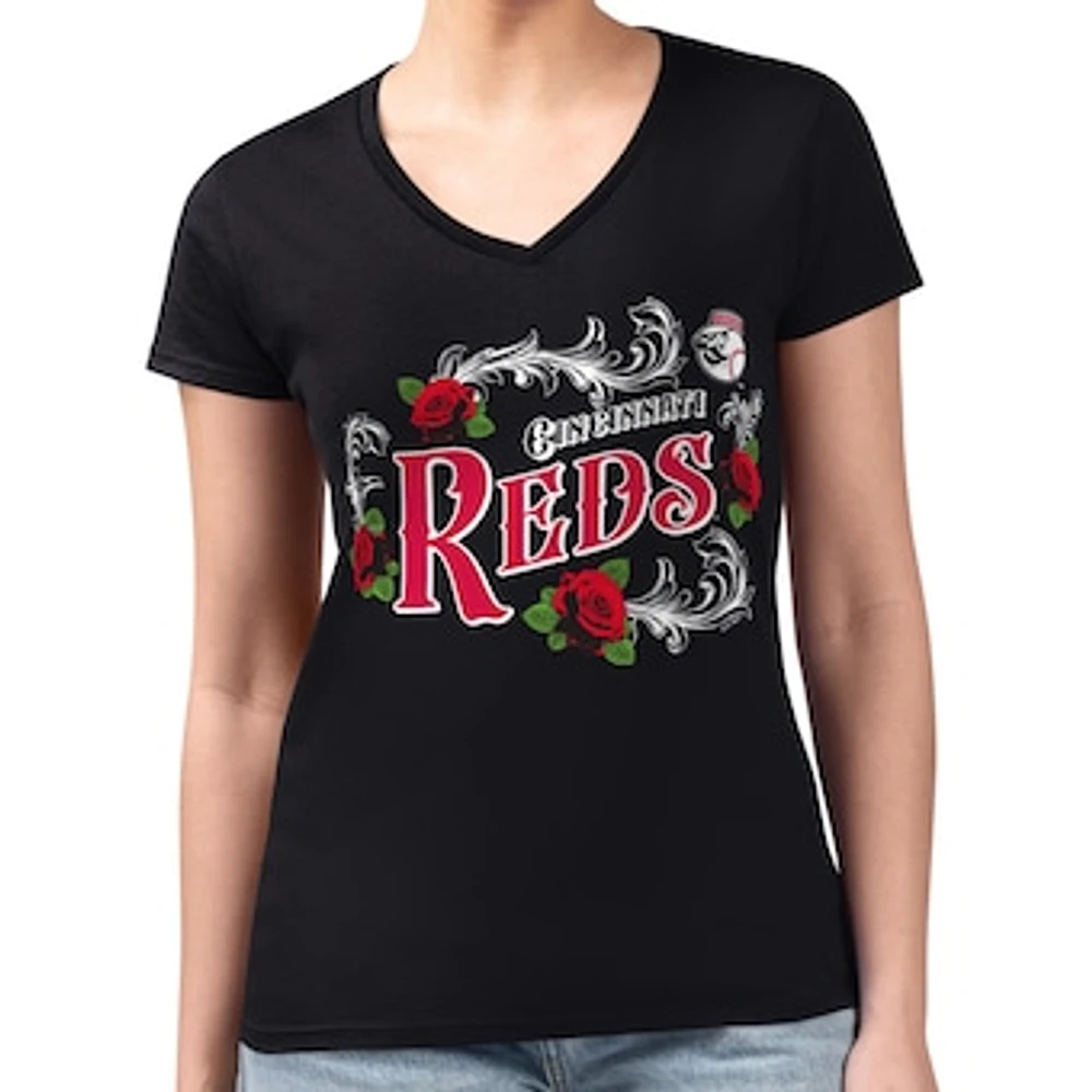 Women's G-III 4Her by Carl Banks Black Cincinnati Reds Super-Slim Fit Lightweight Retro Roses V-Neck T-Shirt