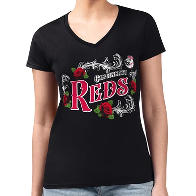 Women's G-III 4Her by Carl Banks Black Cincinnati Reds Super-Slim Fit Lightweight Retro Roses V-Neck T-Shirt