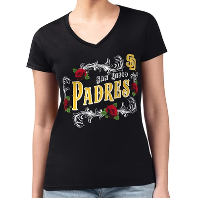 Women's G-III 4Her by Carl Banks Black San Diego Padres Super-Slim Fit Lightweight Retro Roses V-Neck T-Shirt