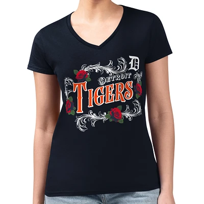 Women's G-III 4Her by Carl Banks Navy Detroit Tigers Super-Slim Fit Lightweight Retro Roses V-Neck T-Shirt