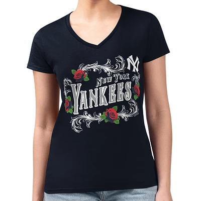 Women's G-III 4Her by Carl Banks Navy New York Yankees Super-Slim Fit Lightweight Retro Roses V-Neck T-Shirt