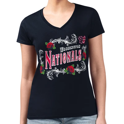 Women's G-III 4Her by Carl Banks Navy Washington Nationals Super-Slim Fit Lightweight Retro Roses V-Neck T-Shirt