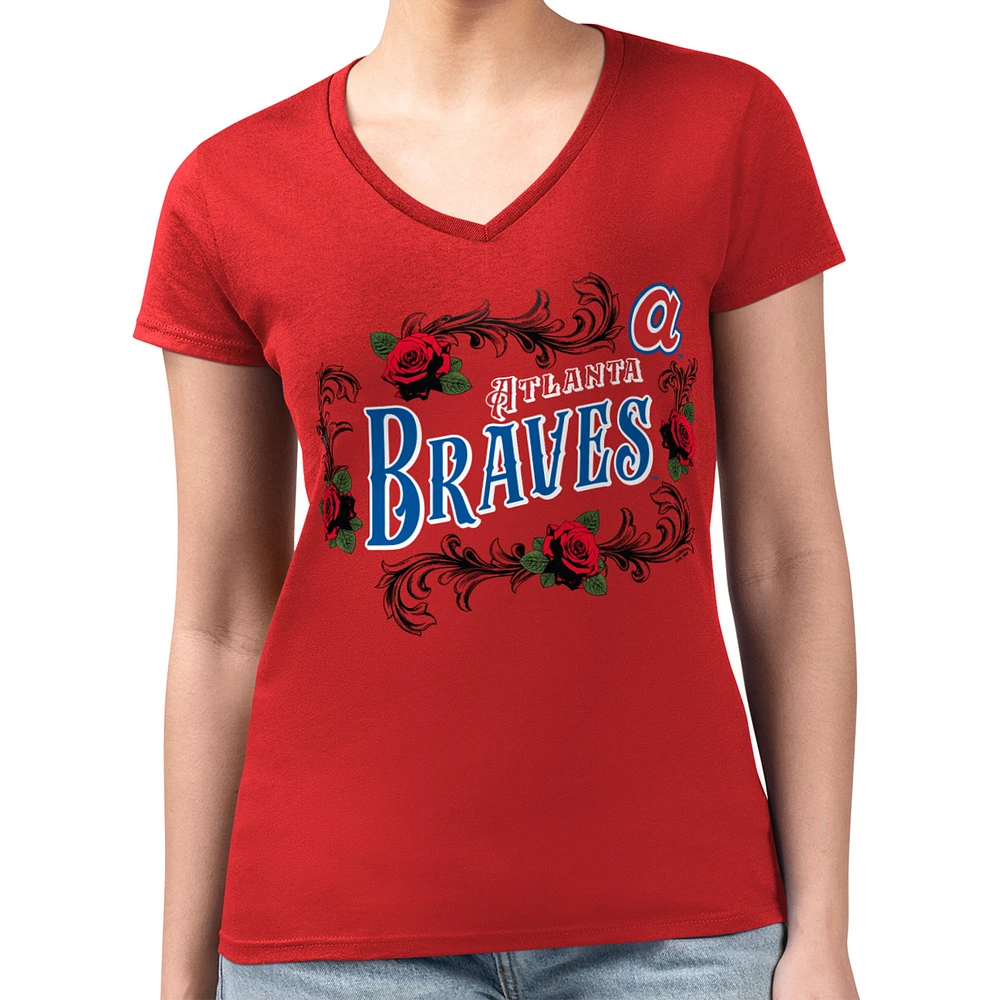 Women's G-III 4Her by Carl Banks Red Atlanta Braves Super-Slim Fit Lightweight Retro Roses V-Neck T-Shirt