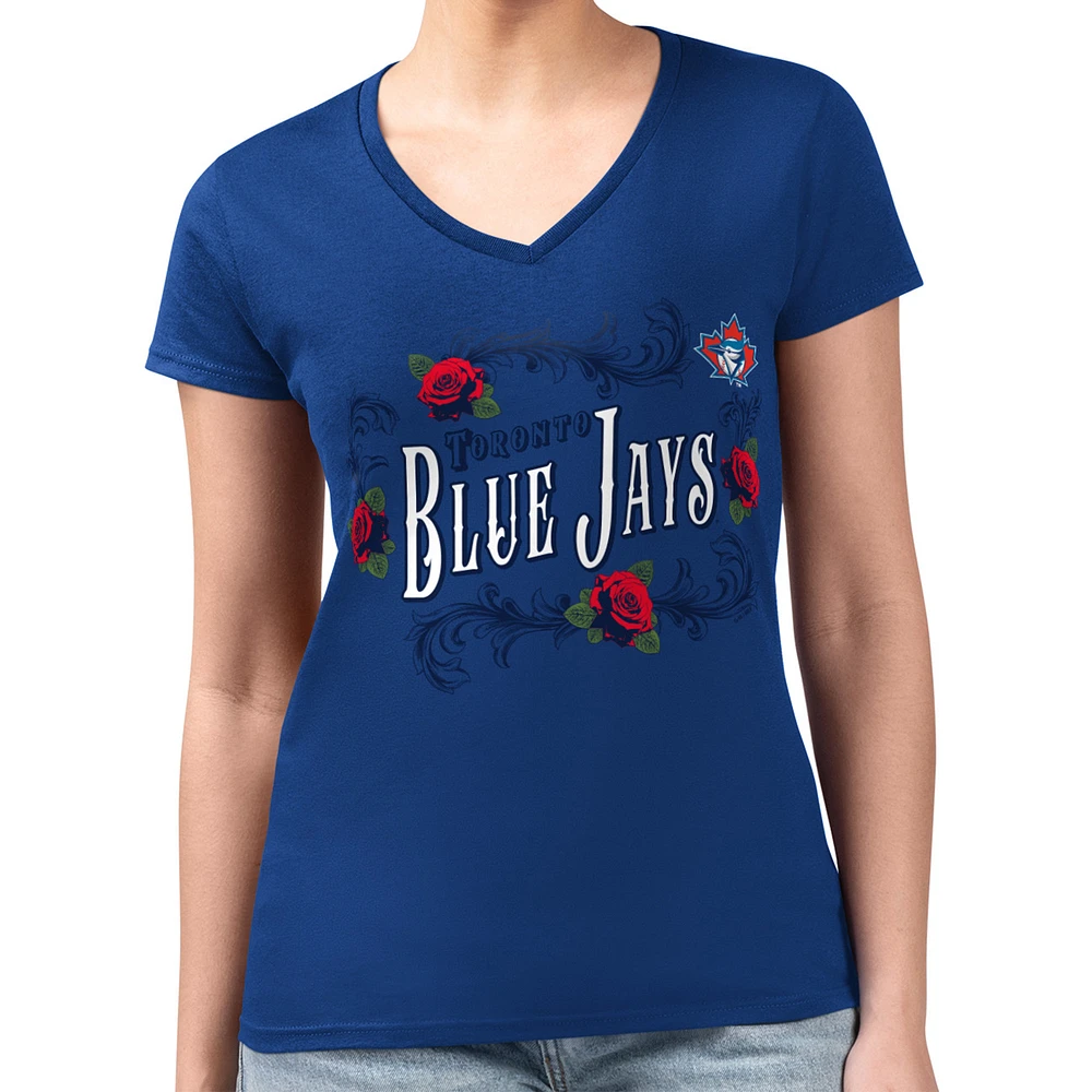 Women's G-III 4Her by Carl Banks Royal Toronto Blue Jays Super-Slim Fit Lightweight Retro Roses V-Neck T-Shirt