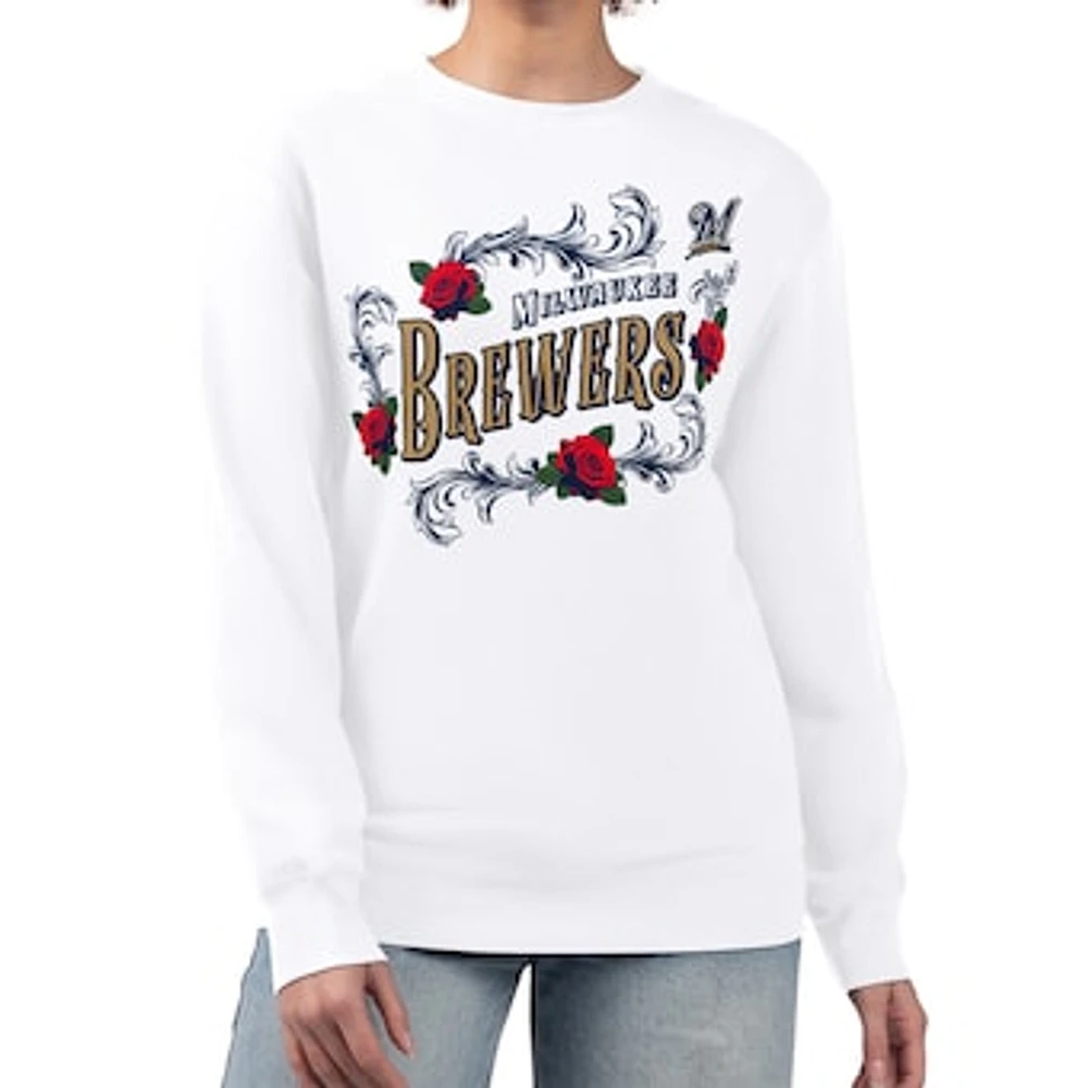 Women's G-III 4Her by Carl Banks White Milwaukee Brewers Retro Roses Fleece Pullover Sweatshirt