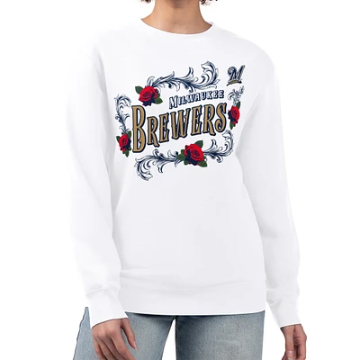 Women's G-III 4Her by Carl Banks White Milwaukee Brewers Retro Roses Fleece Pullover Sweatshirt
