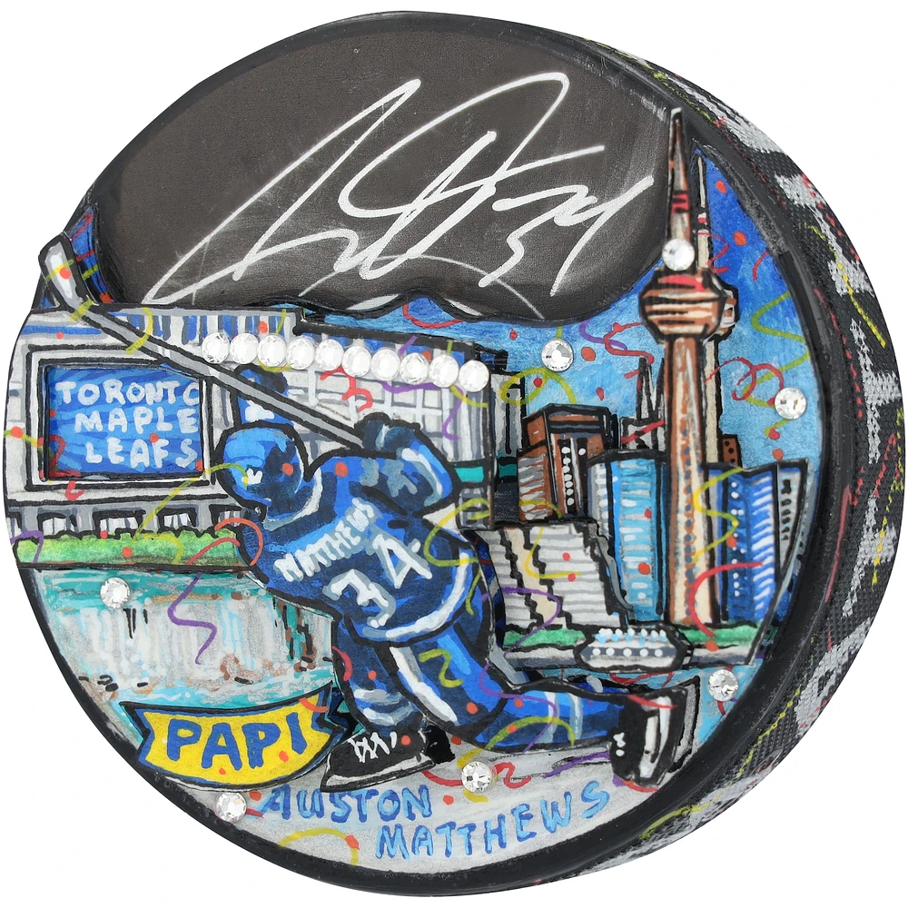 Auston Matthews Toronto Maple Leafs Autographed Hockey Puck - Art by Charles Fazzino - WN55914996