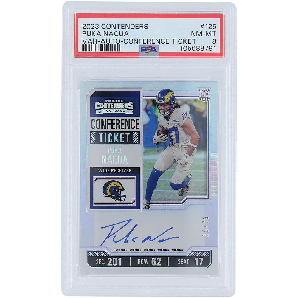 Puka Nacua Los Angeles Rams Autographed 2023 Panini Contenders Conference Ticket #125 #26/75 PSA Authenticated 8 Rookie Card