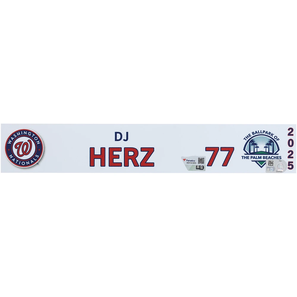 DJ Herz Washington Nationals Player-Issued #77 Nameplate from 2025 MLB Spring Training