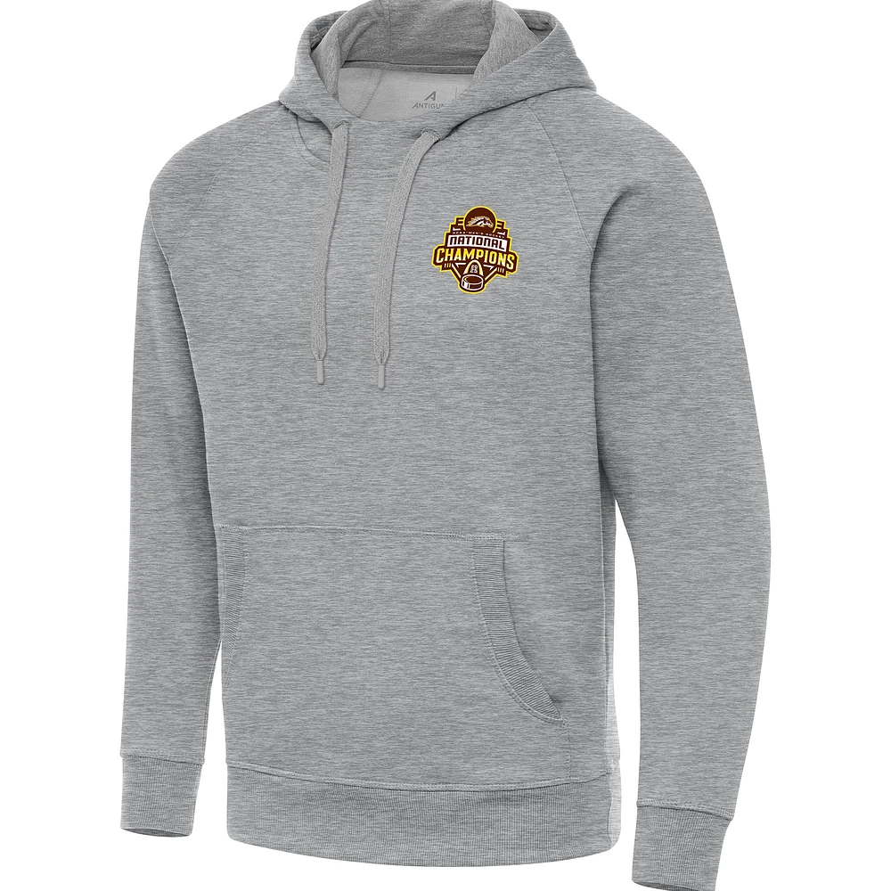 Men's Antigua Heather Gray Western Michigan Broncos 2025 NCAA Frozen Four Ice Hockey National Champions Victory Pullover Hoodie