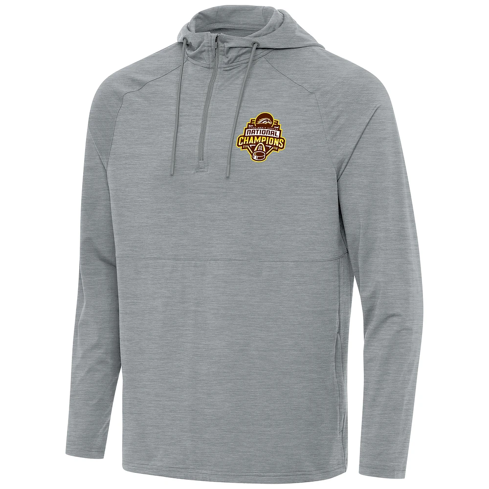 Men's Antigua Heather Gray Western Michigan Broncos 2025 NCAA Frozen Four Ice Hockey National Champions Spikes Raglan Quarter-Zip Hoodie