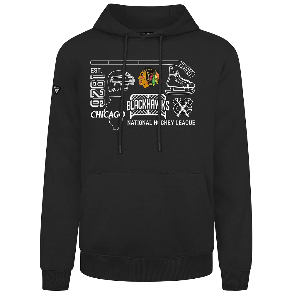 Men's Levelwear Black Chicago Blackhawks Podium Campaign Pullover Hoodie