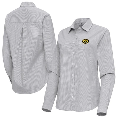 Women's Antigua Gray Iowa Hawkeyes Porter Woven Tri-Blend Long Sleeve Button-Up Shirt