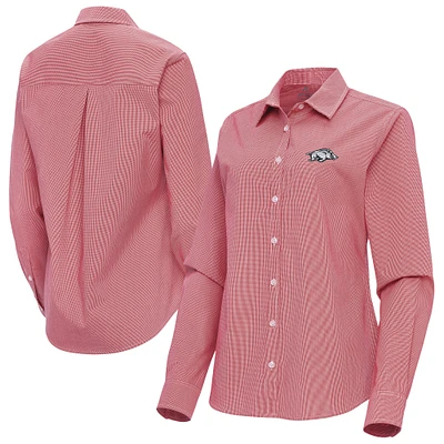 Women's Antigua Cardinal Arkansas Razorbacks Porter Woven Tri-Blend Long Sleeve Button-Up Shirt