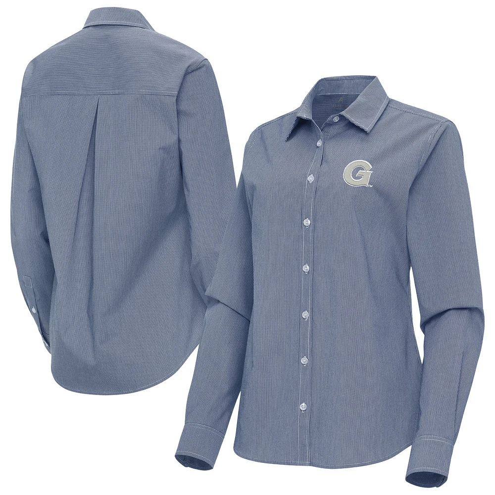 Women's Antigua Navy Georgetown Hoyas Porter Woven Tri-Blend Long Sleeve Button-Up Shirt