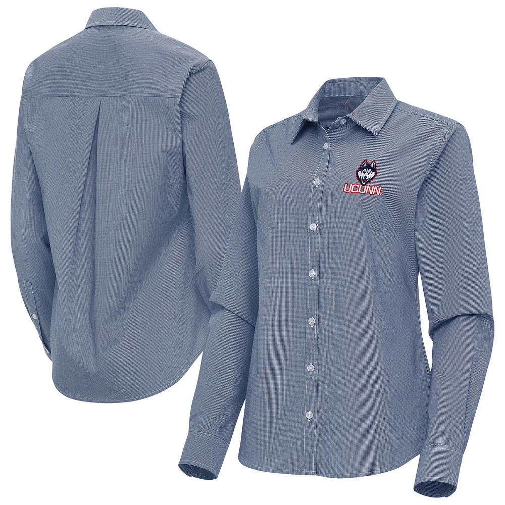Women's Antigua Navy UConn Huskies Porter Woven Tri-Blend Long Sleeve Button-Up Shirt