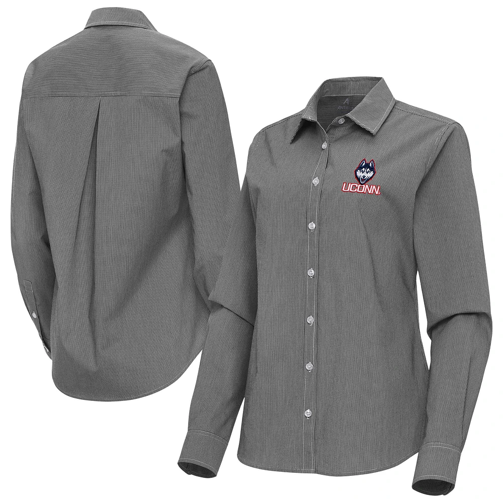 Women's Antigua UConn Huskies Porter Woven Tri-Blend Long Sleeve Button-Up Shirt