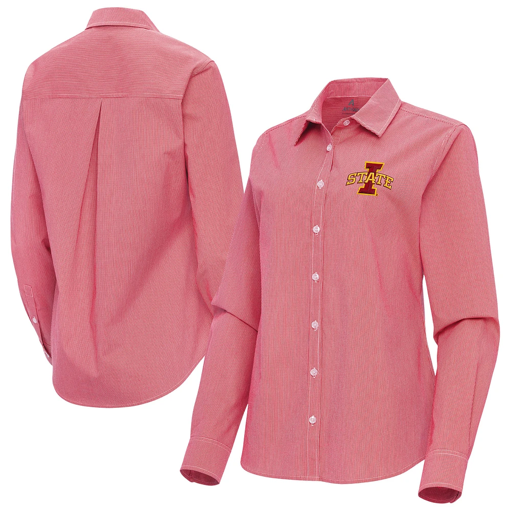 Women's Antigua Cardinal Iowa State Cyclones Porter Woven Tri-Blend Long Sleeve Button-Up Shirt