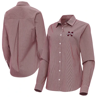 Women's Antigua Maroon Mississippi State Bulldogs Porter Woven Tri-Blend Long Sleeve Button-Up Shirt