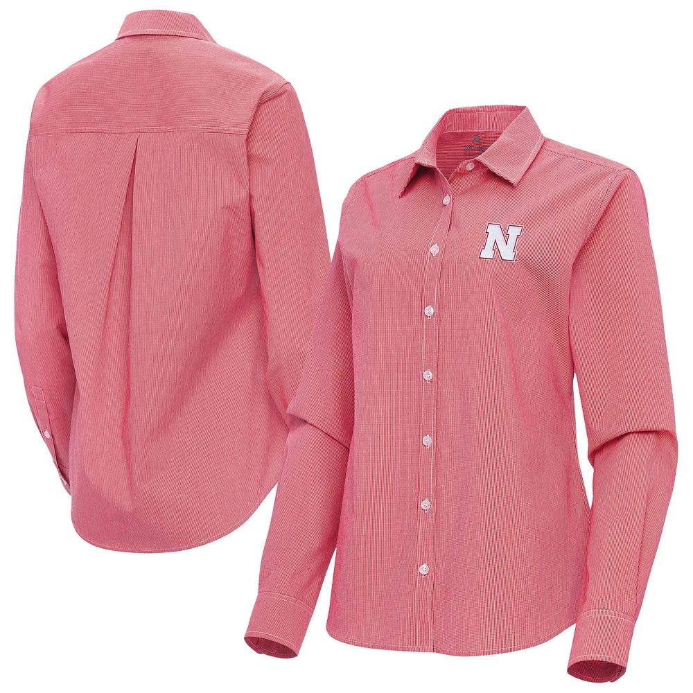 Women's Antigua Scarlet Nebraska Huskers Porter Woven Tri-Blend Long Sleeve Button-Up Shirt