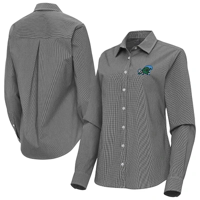 Women's Antigua Black Tulane Green Wave Porter Woven Tri-Blend Long Sleeve Button-Up Shirt