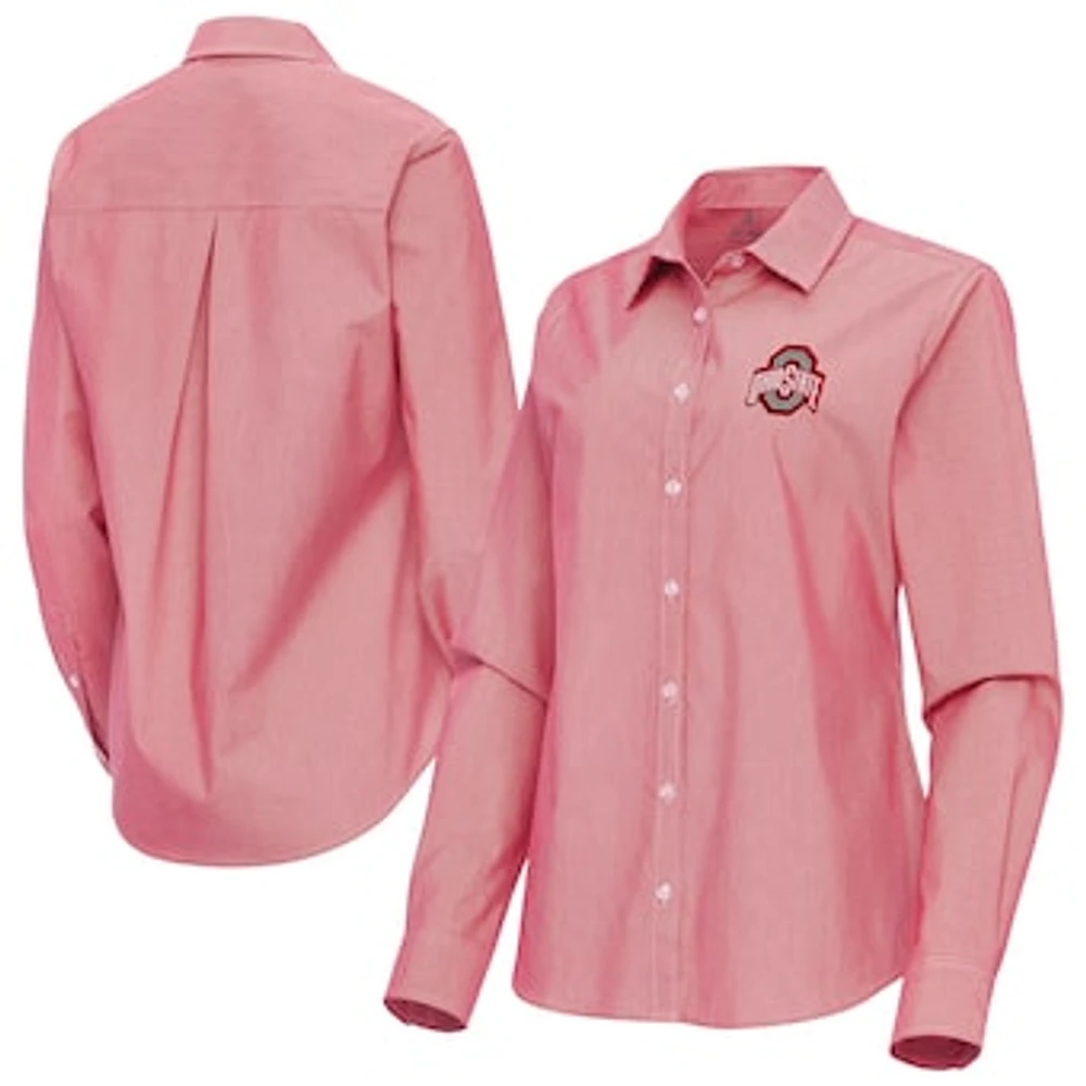 Women's Antigua Scarlet Ohio State Buckeyes Porter Woven Tri-Blend Long Sleeve Button-Up Shirt