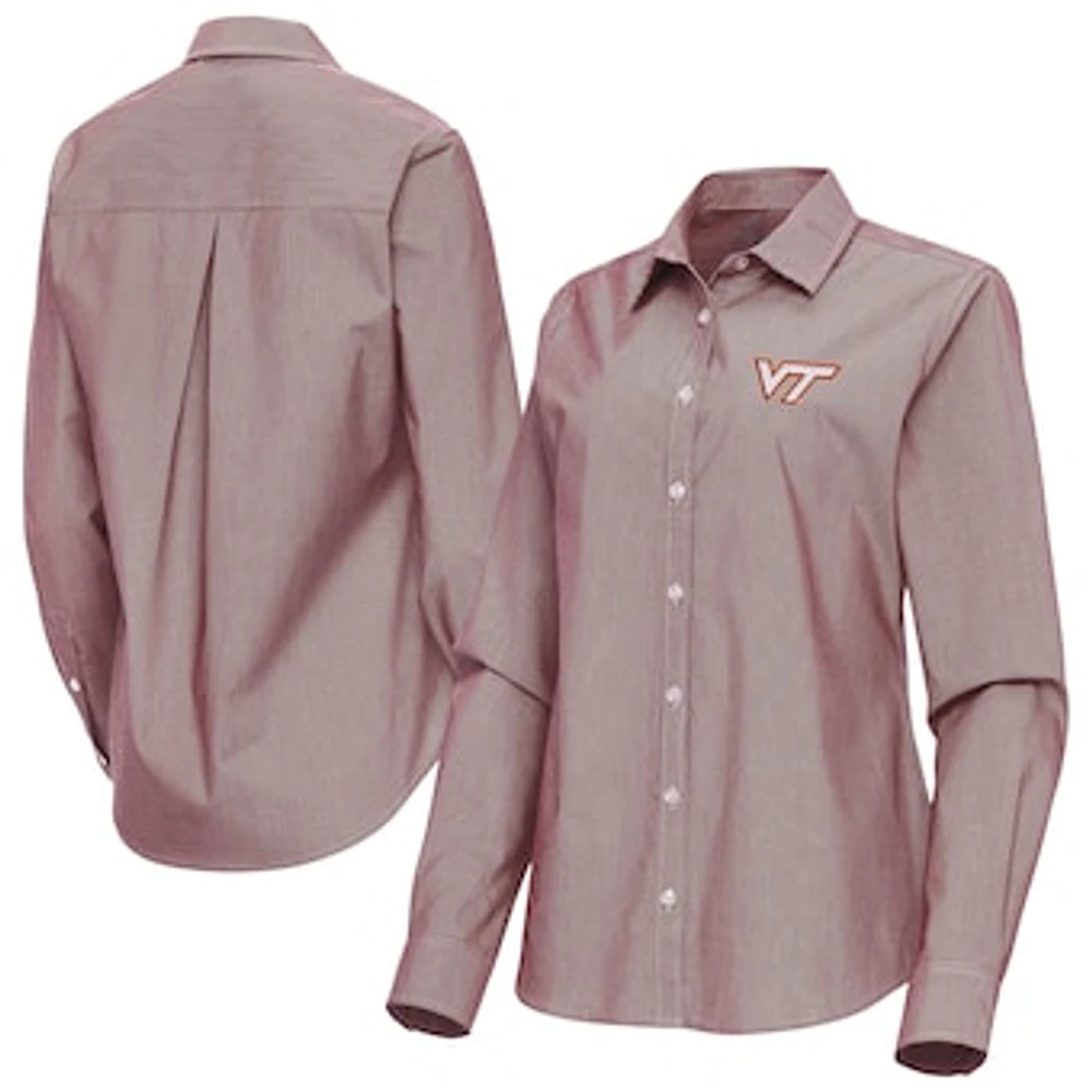 Women's Antigua Maroon Virginia Tech Hokies Porter Woven Tri-Blend Long Sleeve Button-Up Shirt