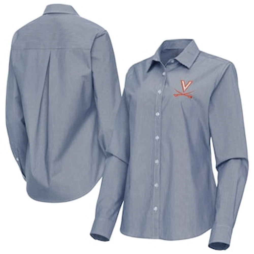 Women's Antigua Navy Virginia Cavaliers Porter Woven Tri-Blend Long Sleeve Button-Up Shirt