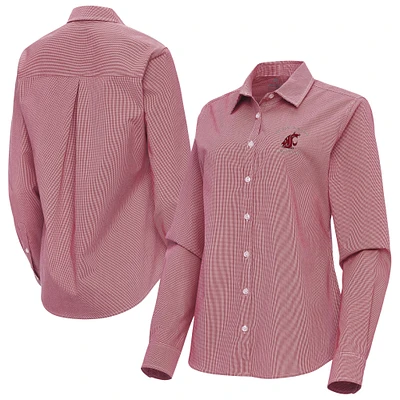 Women's Antigua Crimson Washington State Cougars Porter Woven Tri-Blend Long Sleeve Button-Up Shirt