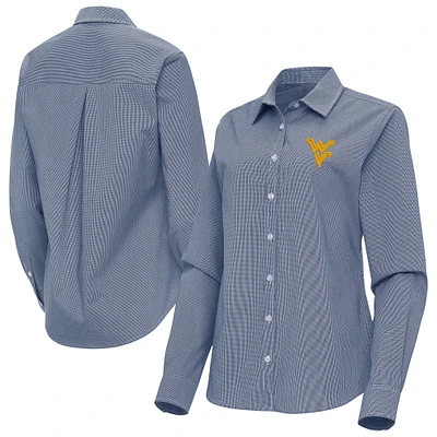Women's Antigua Navy West Virginia Mountaineers Porter Woven Tri-Blend Long Sleeve Button-Up Shirt