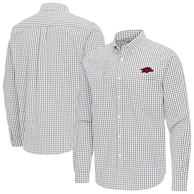 Men's Antigua Gray Arkansas Razorbacks Ellis Woven Tri-Blend Long Sleeve Button-Down Shirt