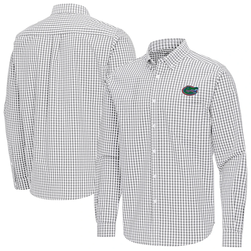 Men's Antigua Gray Florida Gators Ellis Woven Tri-Blend Long Sleeve Button-Down Shirt
