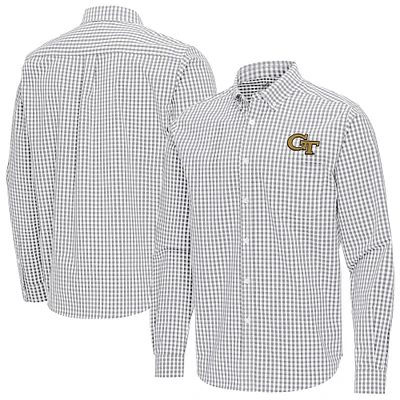 Men's Antigua Gray Georgia Tech Yellow Jackets Ellis Woven Tri-Blend Long Sleeve Button-Down Shirt