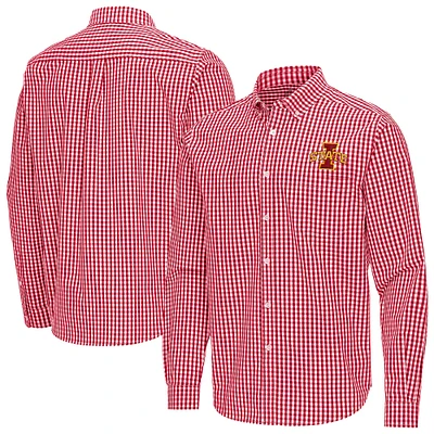 Men's Antigua Cardinal Iowa State Cyclones Ellis Woven Tri-Blend Long Sleeve Button-Down Shirt
