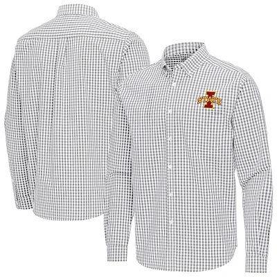 Men's Antigua Gray Iowa State Cyclones Ellis Woven Tri-Blend Long Sleeve Button-Down Shirt