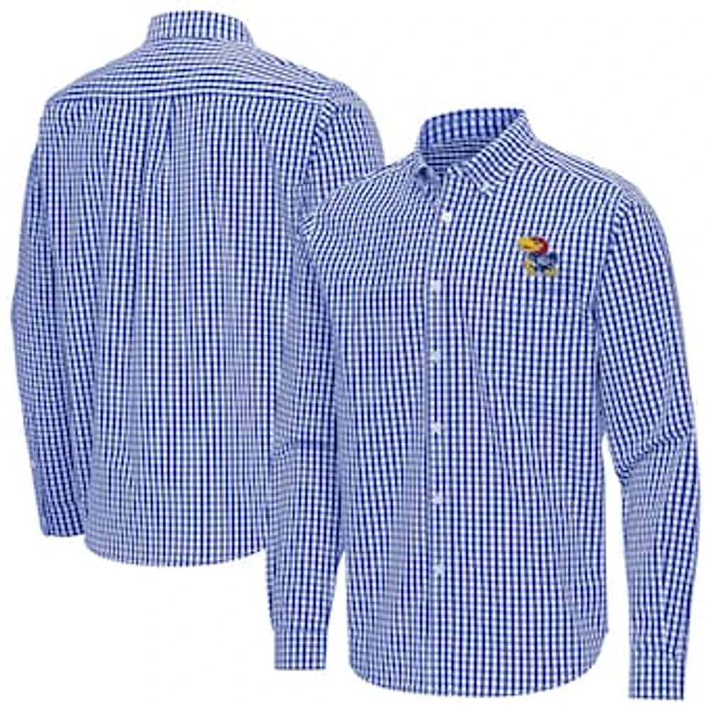 Men's Antigua Royal Kansas Jayhawks Ellis Woven Tri-Blend Long Sleeve Button-Down Shirt