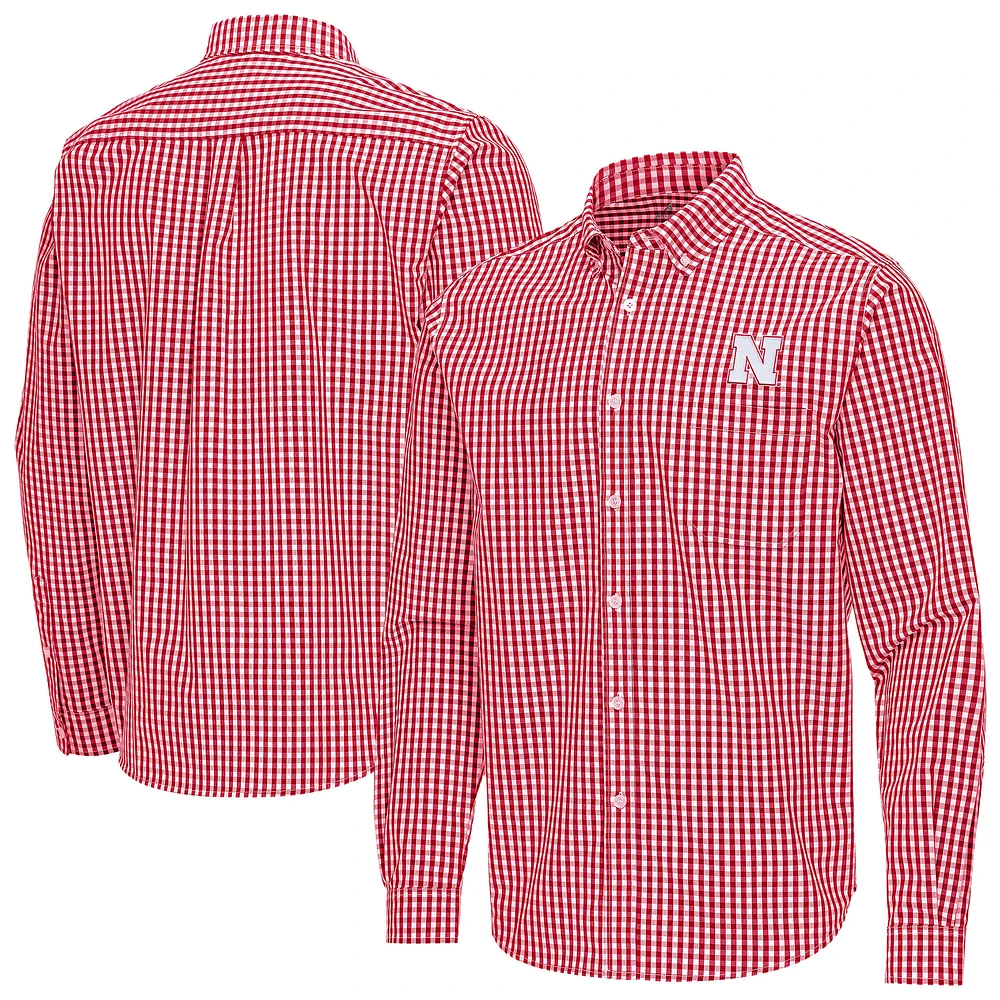 Men's Antigua Scarlet Nebraska Huskers Ellis Woven Tri-Blend Long Sleeve Button-Down Shirt