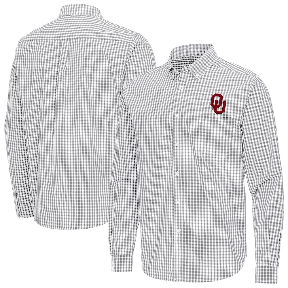 Men's Antigua Gray Oklahoma Sooners Ellis Woven Tri-Blend Long Sleeve Button-Down Shirt
