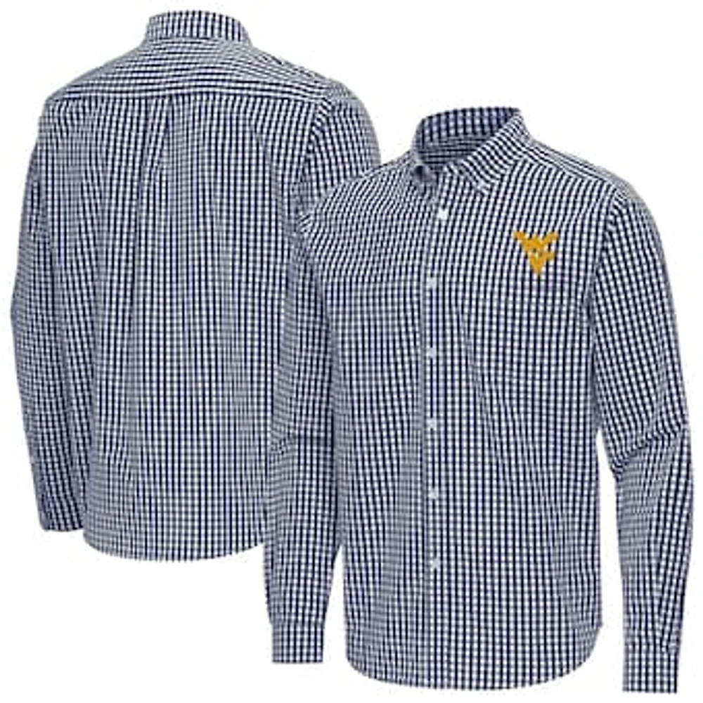 Men's Antigua Navy West Virginia Mountaineers Ellis Woven Tri-Blend Long Sleeve Button-Down Shirt