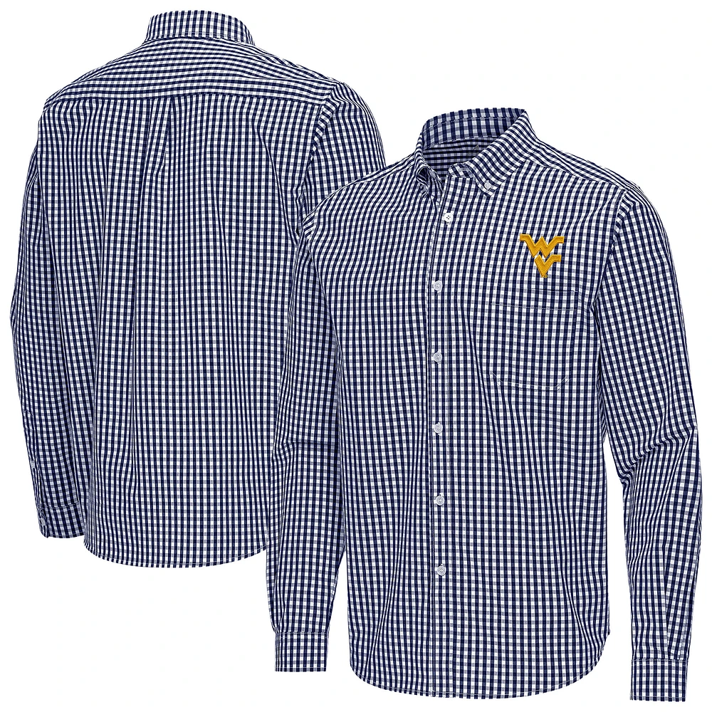 Men's Antigua Navy West Virginia Mountaineers Ellis Woven Tri-Blend Long Sleeve Button-Down Shirt