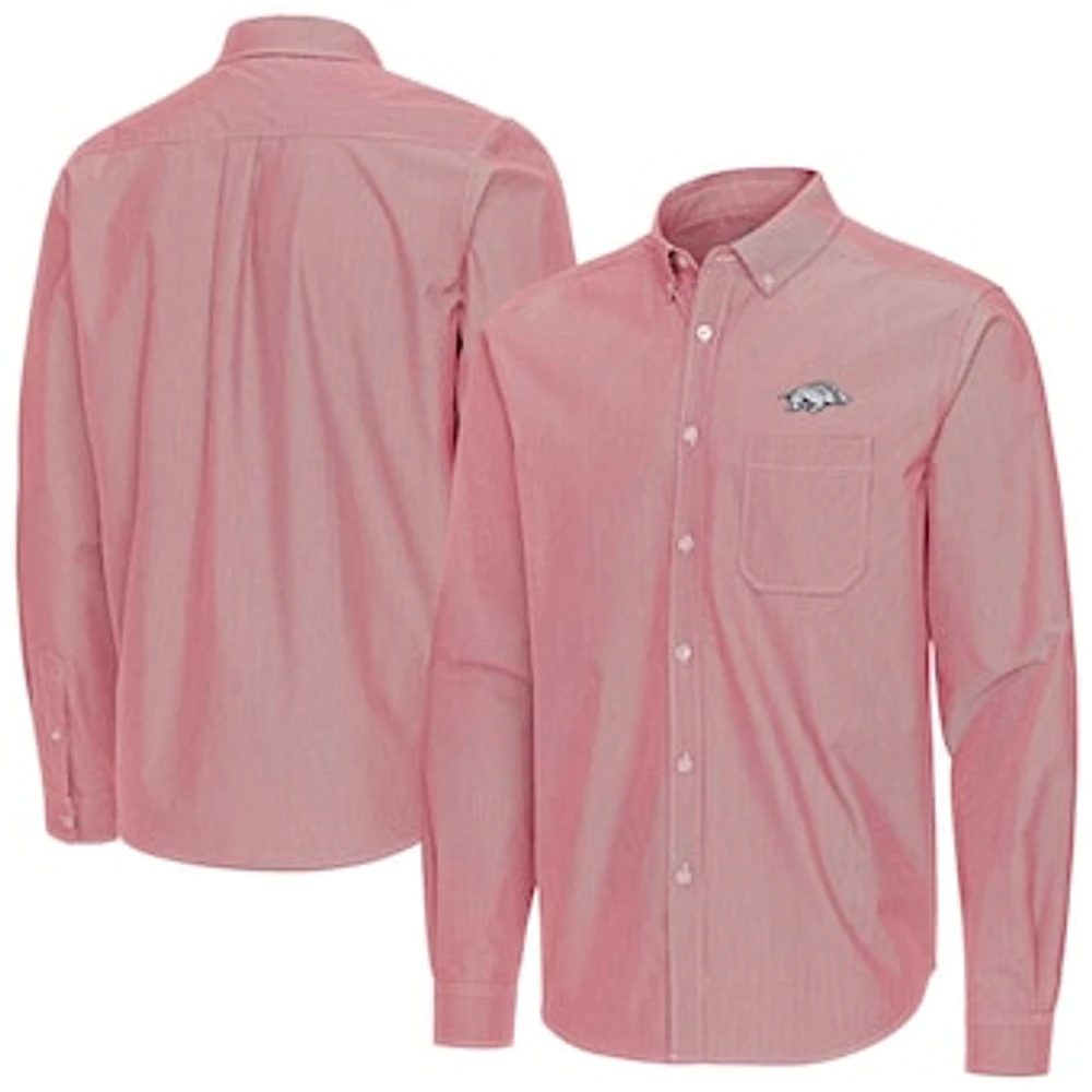 Men's Antigua Cardinal Arkansas Razorbacks Porter Woven Tri-Blend Long Sleeve Button-Down Shirt