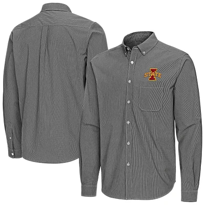 Men's Antigua Black Iowa State Cyclones Porter Woven Tri-Blend Long Sleeve Button-Down Shirt
