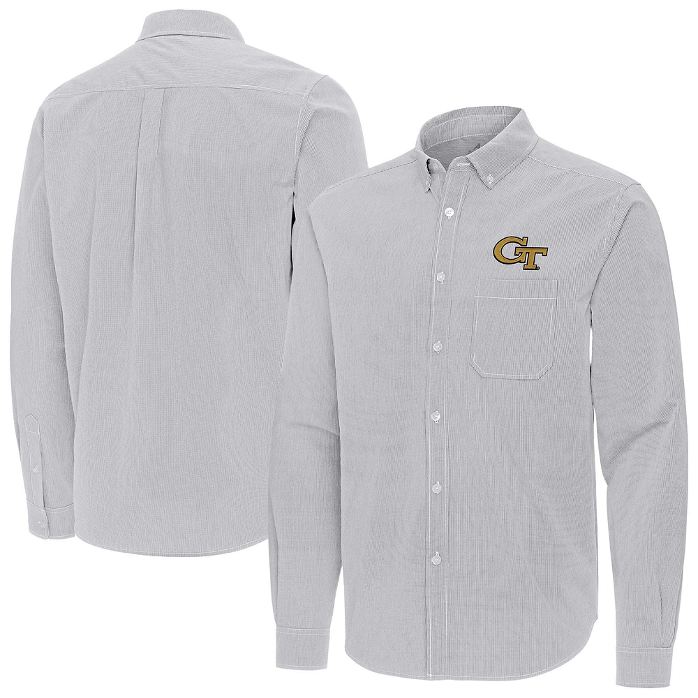Men's Antigua Gray Georgia Tech Yellow Jackets Porter Woven Tri-Blend Long Sleeve Button-Down Shirt