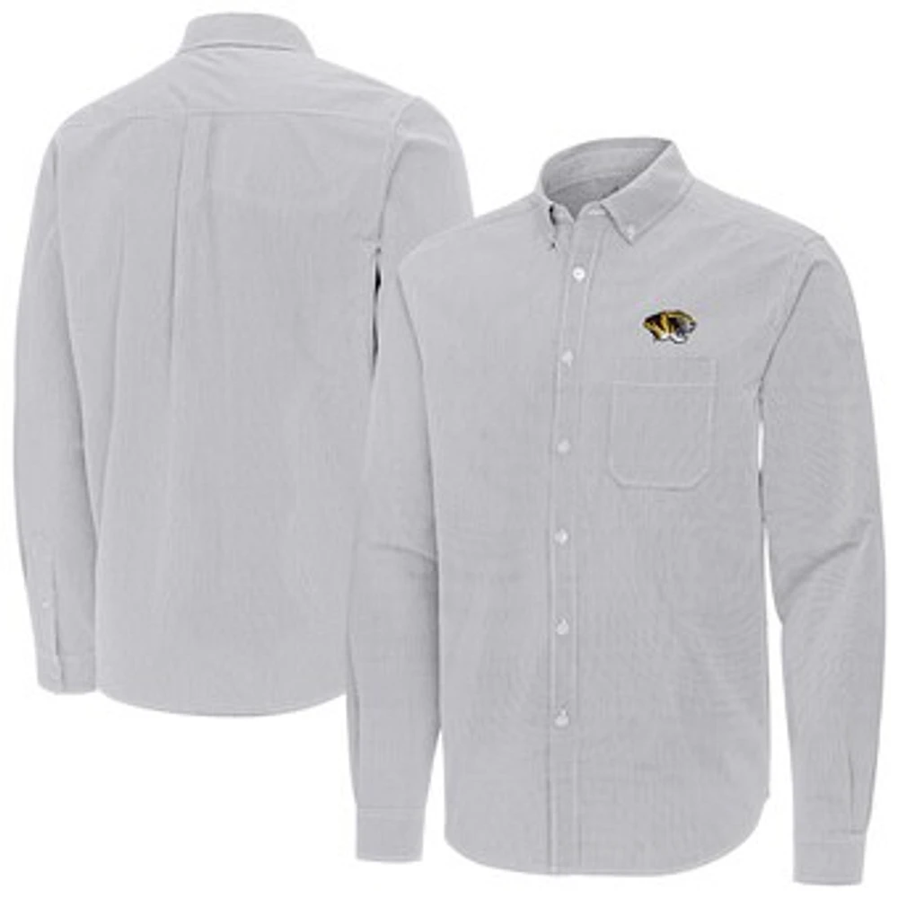 Men's Antigua Gray Missouri Tigers Porter Woven Tri-Blend Long Sleeve Button-Down Shirt