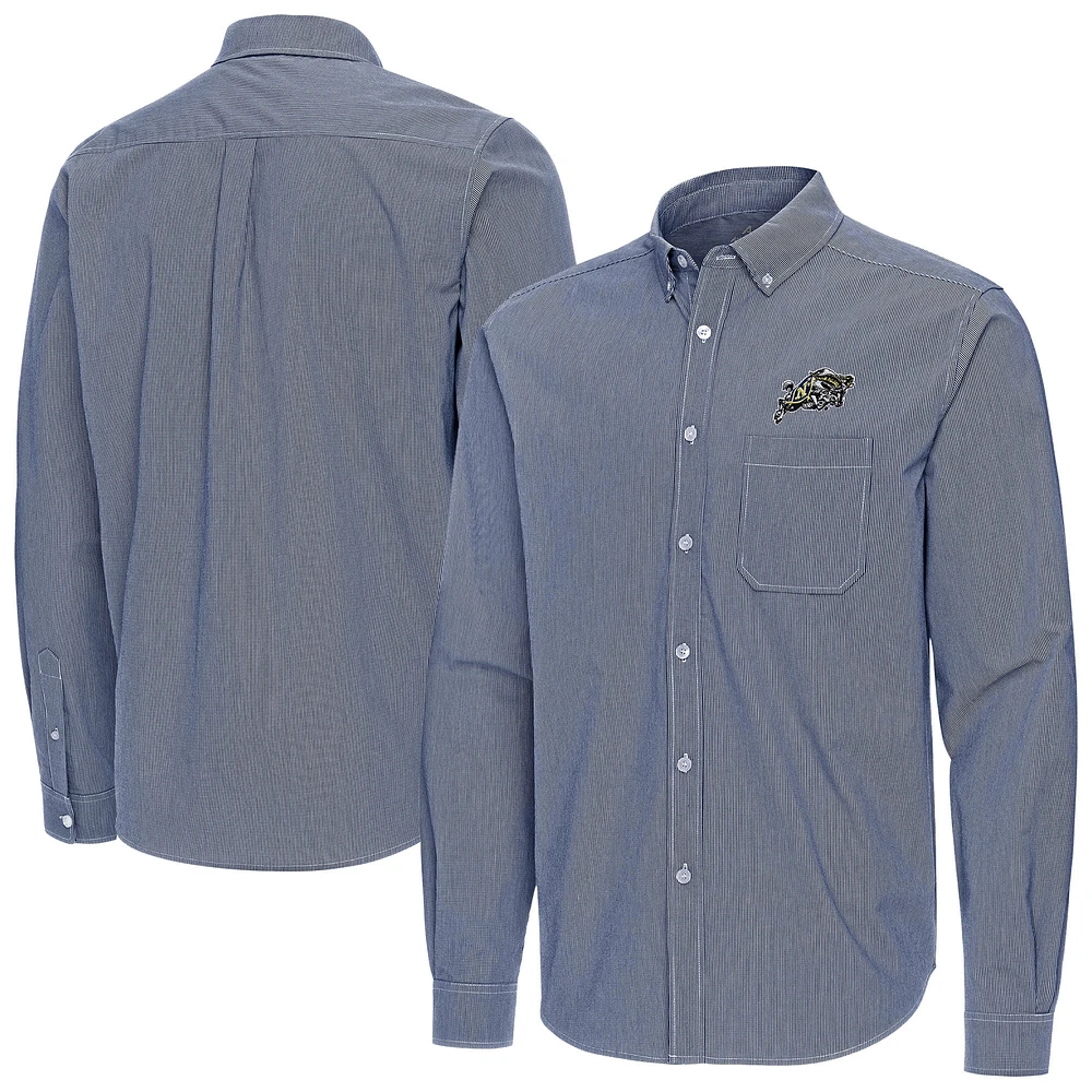 Men's Antigua Navy Midshipmen Porter Woven Tri-Blend Long Sleeve Button-Down Shirt