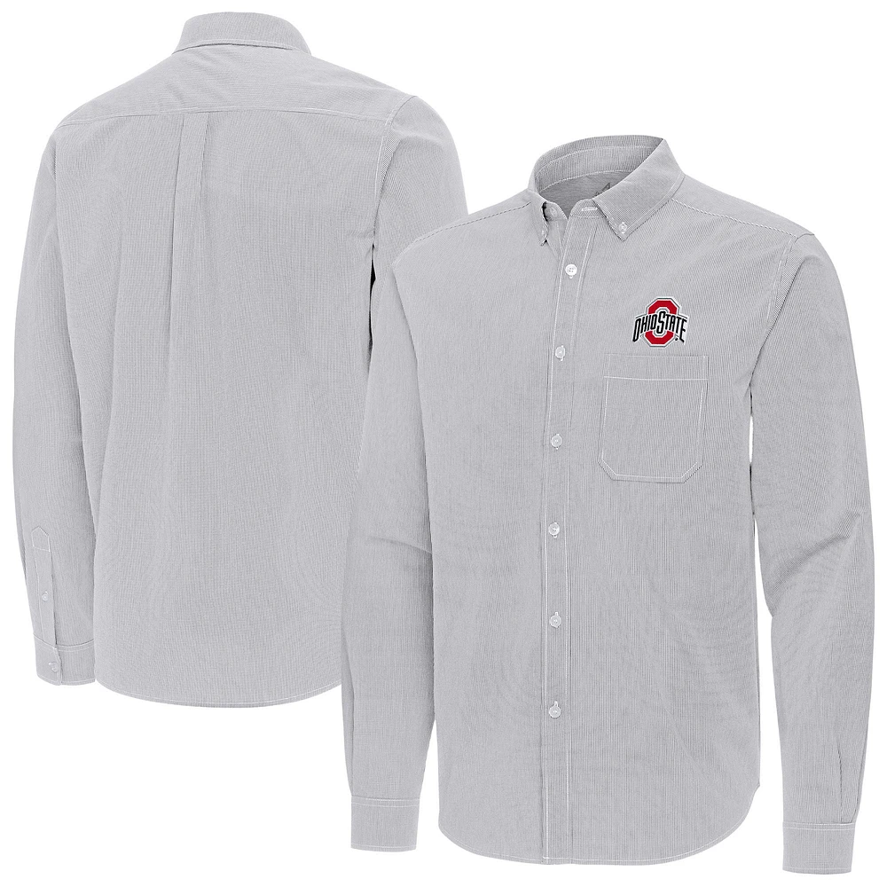 Men's Antigua Gray Ohio State Buckeyes Porter Woven Tri-Blend Long Sleeve Button-Down Shirt