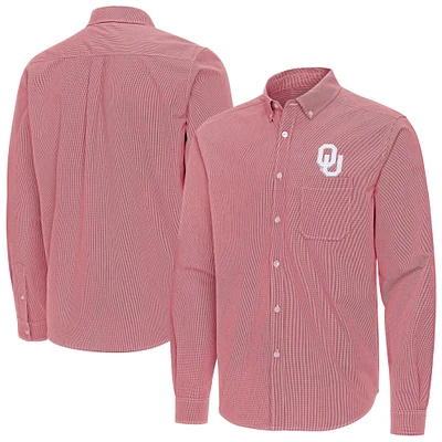 Men's Antigua Crimson Oklahoma Sooners Porter Woven Tri-Blend Long Sleeve Button-Down Shirt