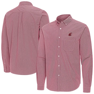 Men's Antigua Crimson Washington State Cougars Porter Woven Tri-Blend Long Sleeve Button-Down Shirt