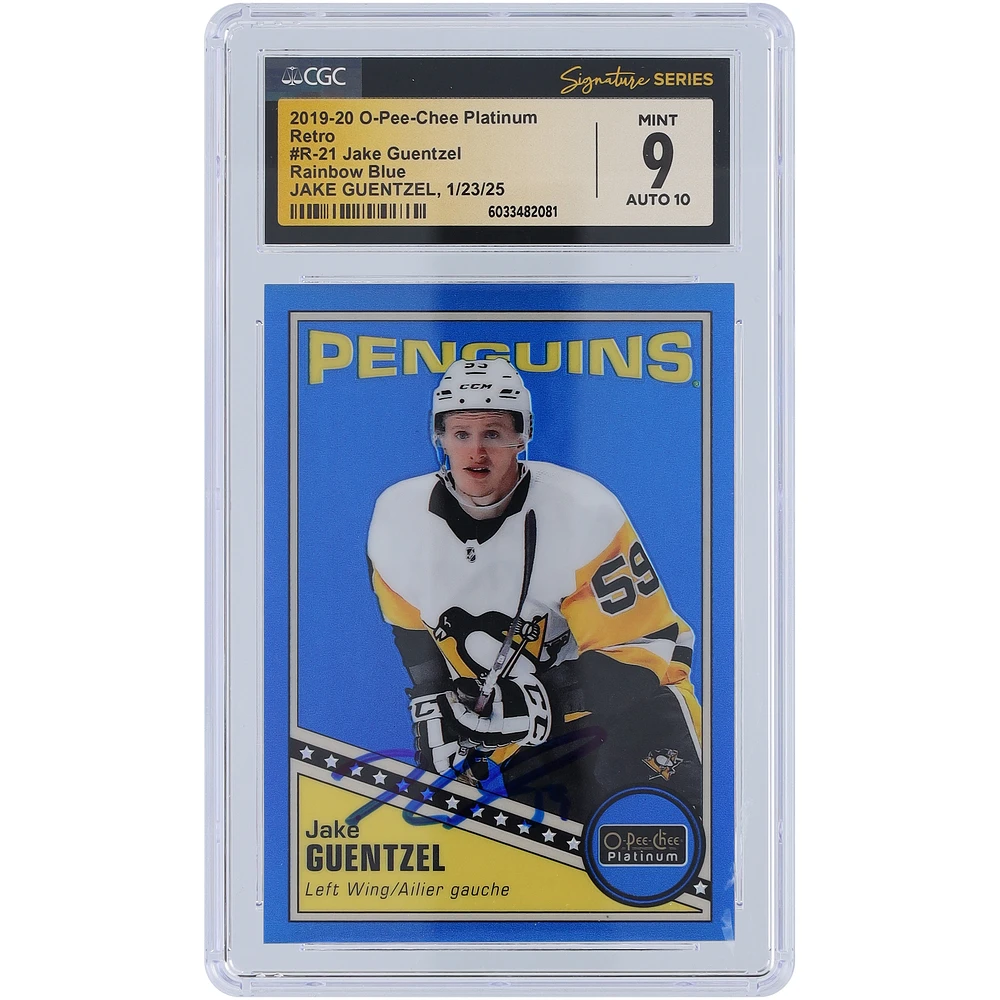 Jake Guentzel Pittsburgh Penguins Autographed 2019-20 Upper Deck O-Pee-Chee Platinum Retro Rainbow Blue #R-21 #/149 CGC Fanatics Witnessed Authenticated 9/10 Card